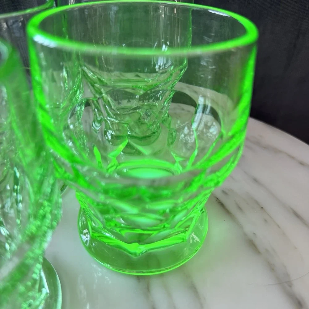 4 - Vintage Green Vaseline Uranium Glass Tumbler Honeycomb Georgian Cambridge